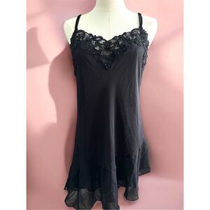 Vtg California Dynasty Lace Sequin Beaded Whimsigoth Mini Ruffle Slip Dress Larg